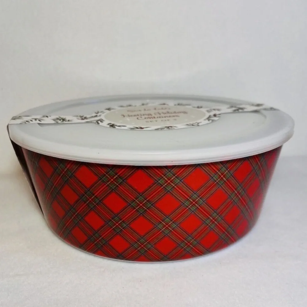 Sur La Table Red Tartan Plaid Melamine Neating Bowls & Lids